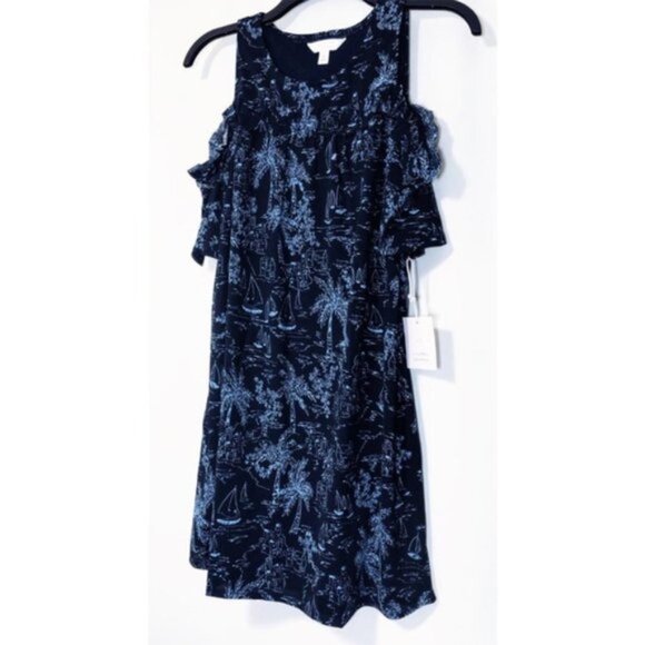 LC Lauren Conrad Women Black Blue Tropical Cold Shoulder Sundress Sz S New - Picture 3 of 8